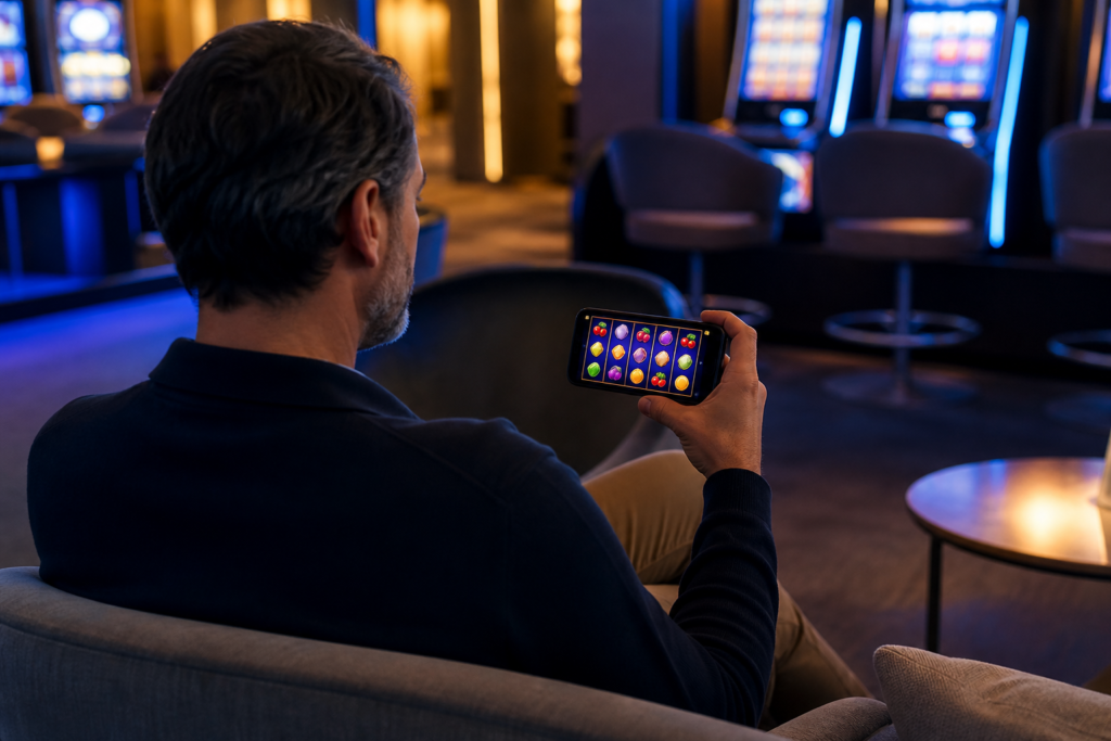 Adult playing an online slot game responsibly on a smartphone